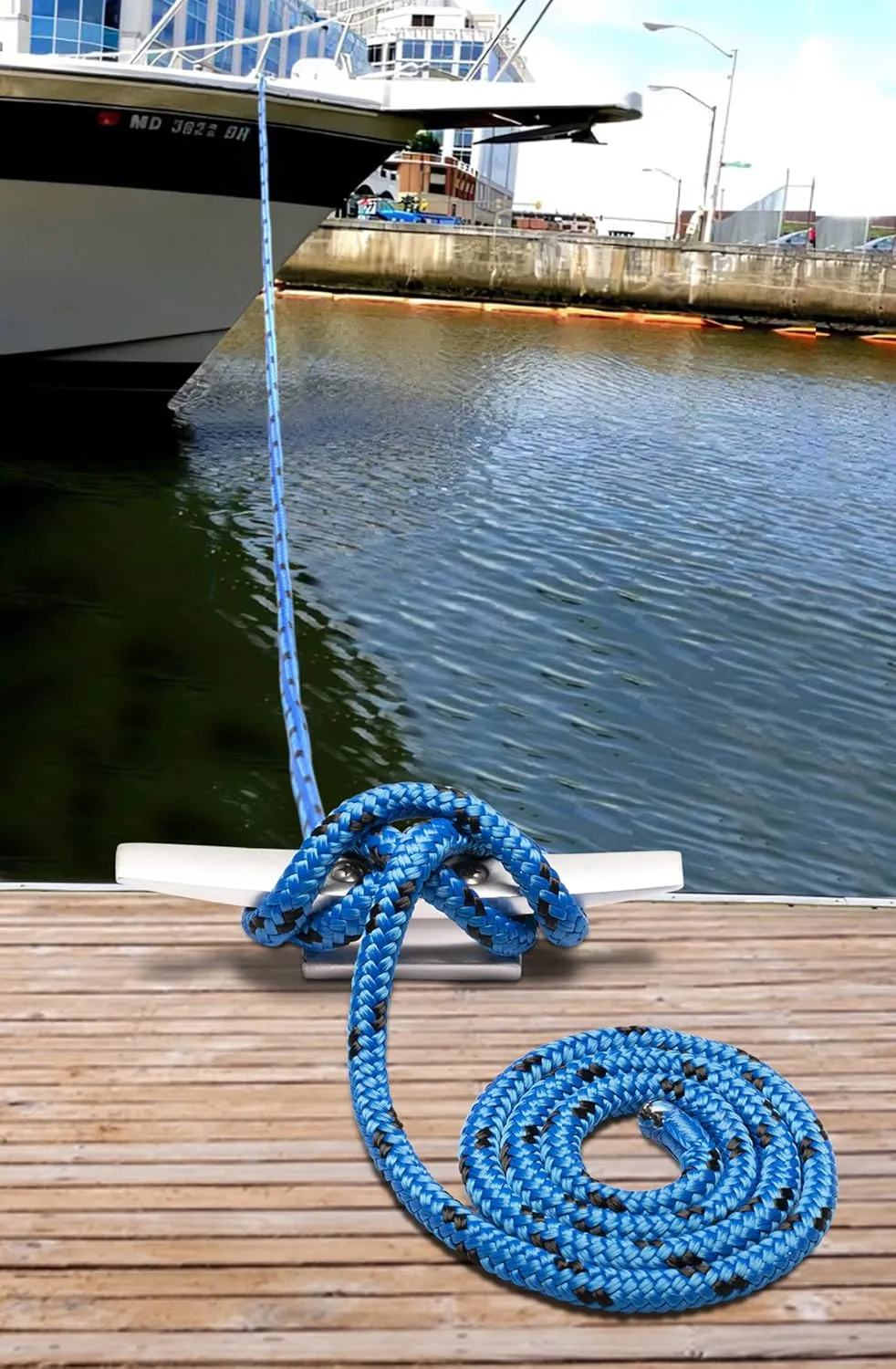Double Braided Nylon Dock Lines Rope, 1/2 Inch x 15 FT Dock Line with 12 Inch Eyelet for Mooring Boats, Blue and Black (2 Pack)