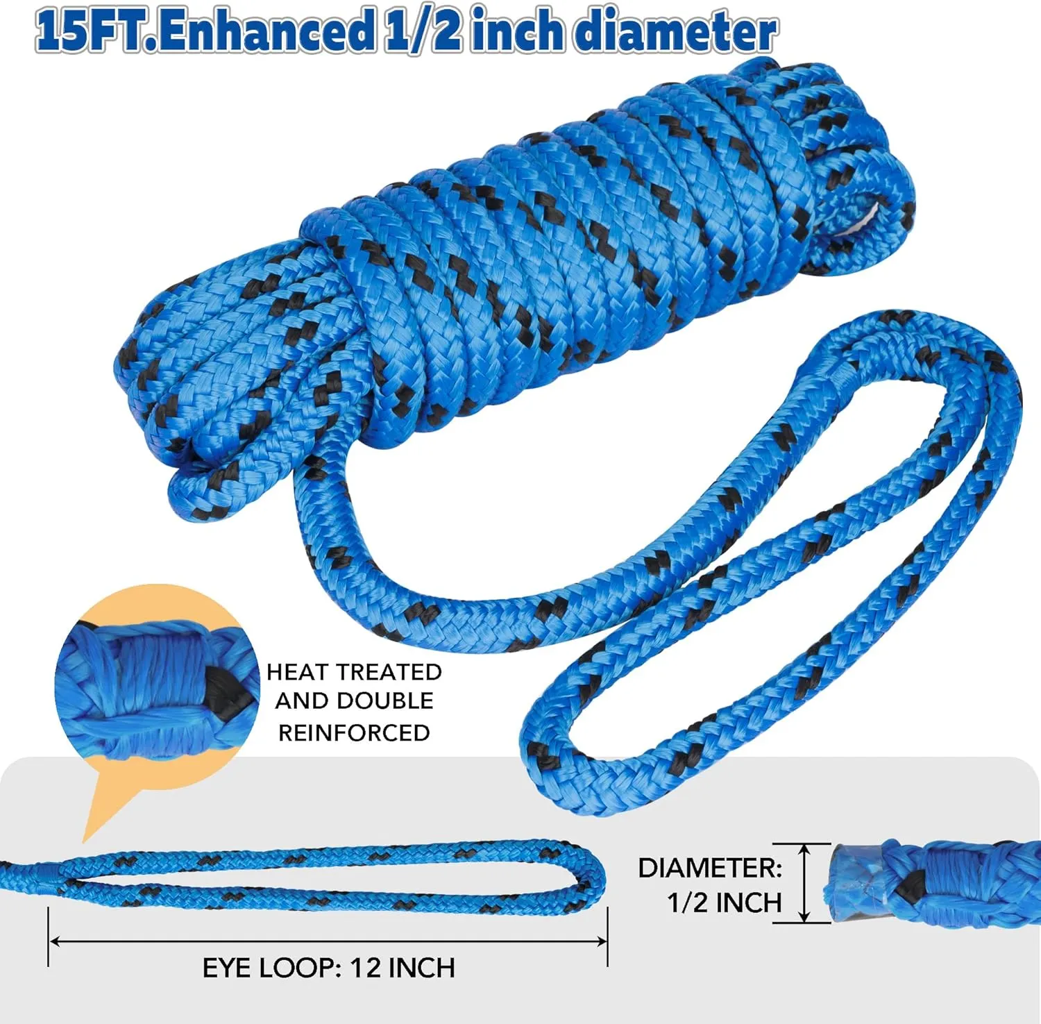Double Braided Nylon Dock Lines Rope, 1/2 Inch x 15 FT Dock Line with 12 Inch Eyelet for Mooring Boats, Blue and Black (2 Pack)