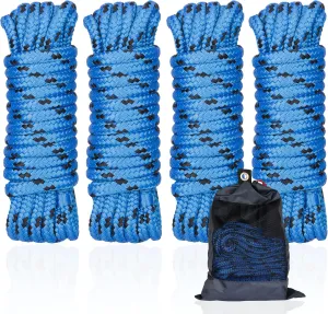 Double Braided Nylon Dock Lines Rope, 3/8 Inch x 15 FT Dock Line with 12 Inch Eyelet for Mooring Boats, Blue and Black (4 Pack)