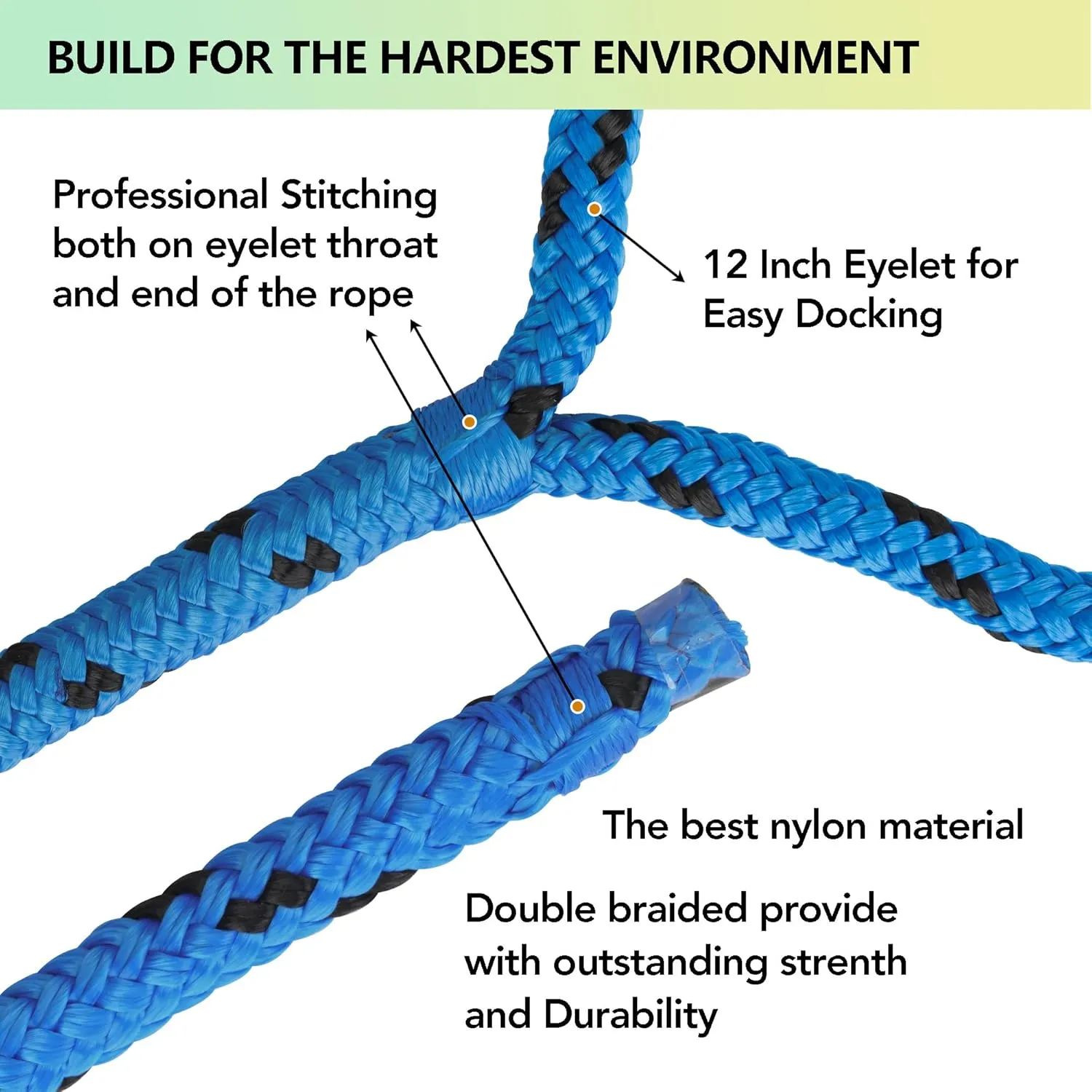 Double Braided Nylon Dock Lines Rope, 3/8 Inch x 15 FT Dock Line with 12 Inch Eyelet for Mooring Boats, Blue and Black (4 Pack)