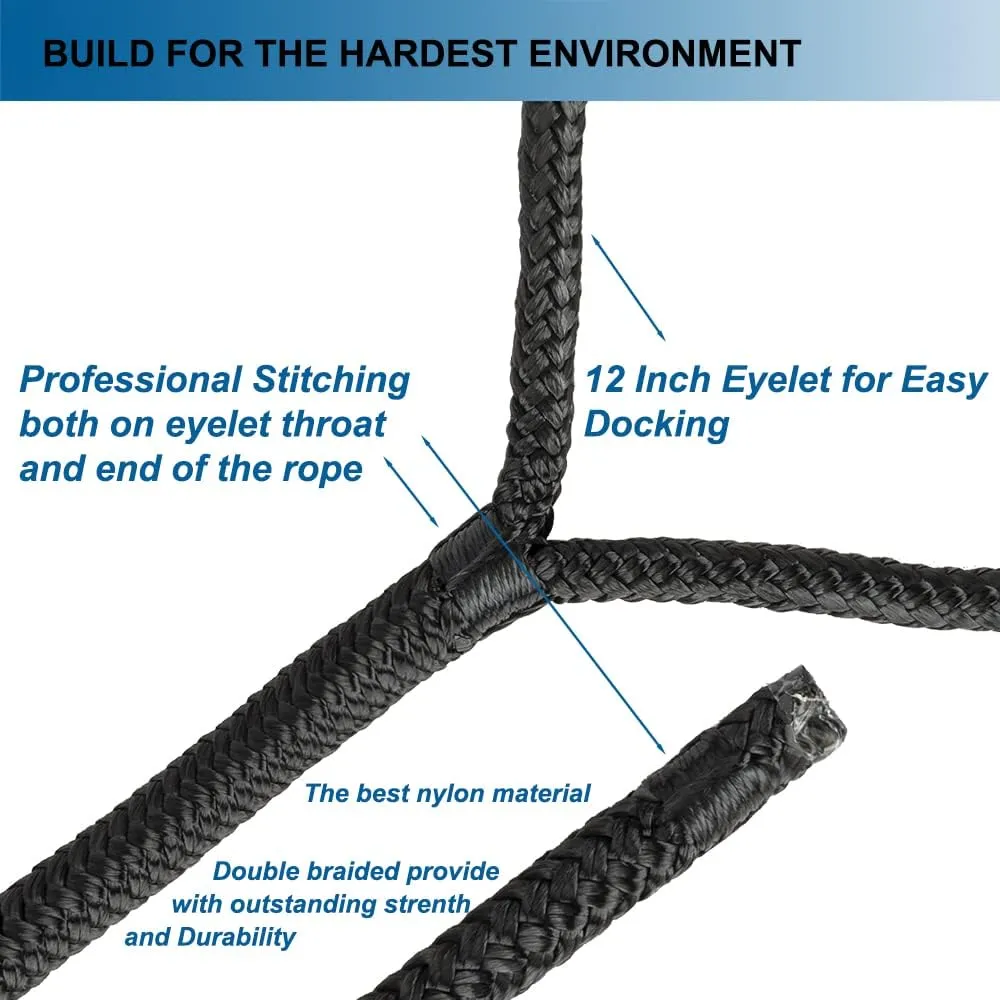 Double Braided Nylon Dock Lines Rope，1/2 Inch x 15 FT Dock Line with 12 Inch Eyelet for Mooring Boats, Black (4 Pack)