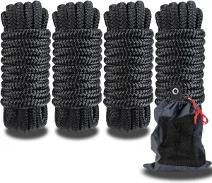Double Braided Nylon Dock Lines Rope，1/2 Inch x 15 FT Dock Line with 12 Inch Eyelet for Mooring Boats, Black (4 Pack)