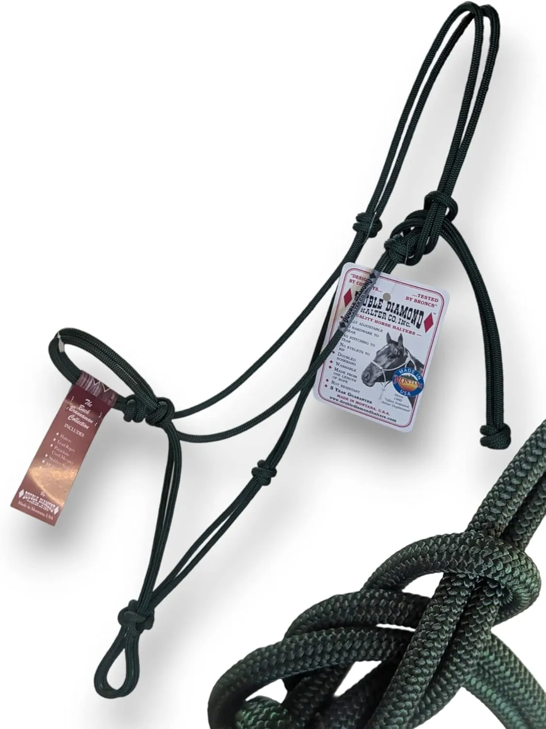 Double Diamond 6mm Nylon Reata Arabian Sized Horse Halters | Built by Cowboys, Tested by Broncs | Buck Brannaman Series | Arabian Size (Hunter Green)