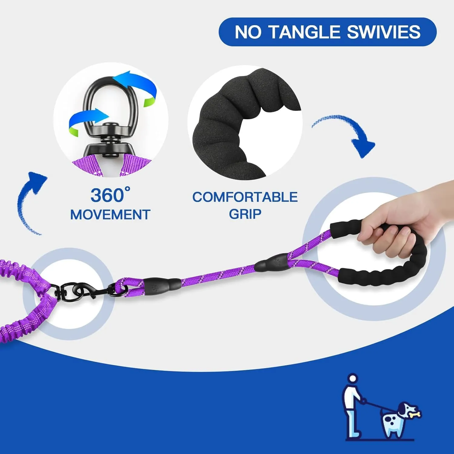 Double Dog Leash, Dual Dog Leash, 360 Swivel Tangle Free Bungee Walking Training for Large Medium Dogs, Shock Absorbing Bungee Reflective for Two Dogs, 18~120 lbs, Purple