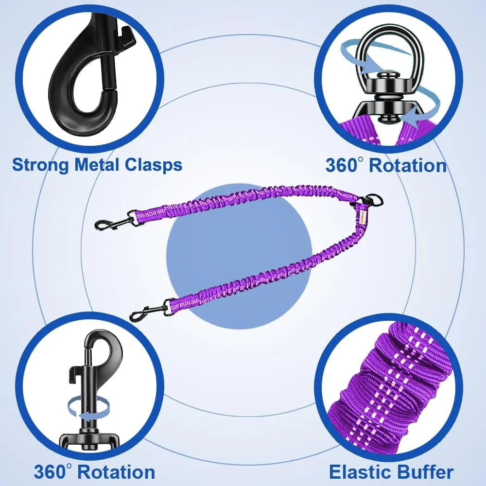 Double Dog Leash, Dual Dog Leash, 360 Swivel Tangle Free Bungee Walking Training for Large Medium Dogs, Shock Absorbing Bungee Reflective for Two Dogs, 18~120 lbs, Purple
