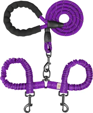 Double Dog Leash, Dual Dog Leash, 360 Swivel Tangle Free Bungee Walking Training for Large Medium Dogs, Shock Absorbing Bungee Reflective for Two Dogs, 18~120 lbs, Purple