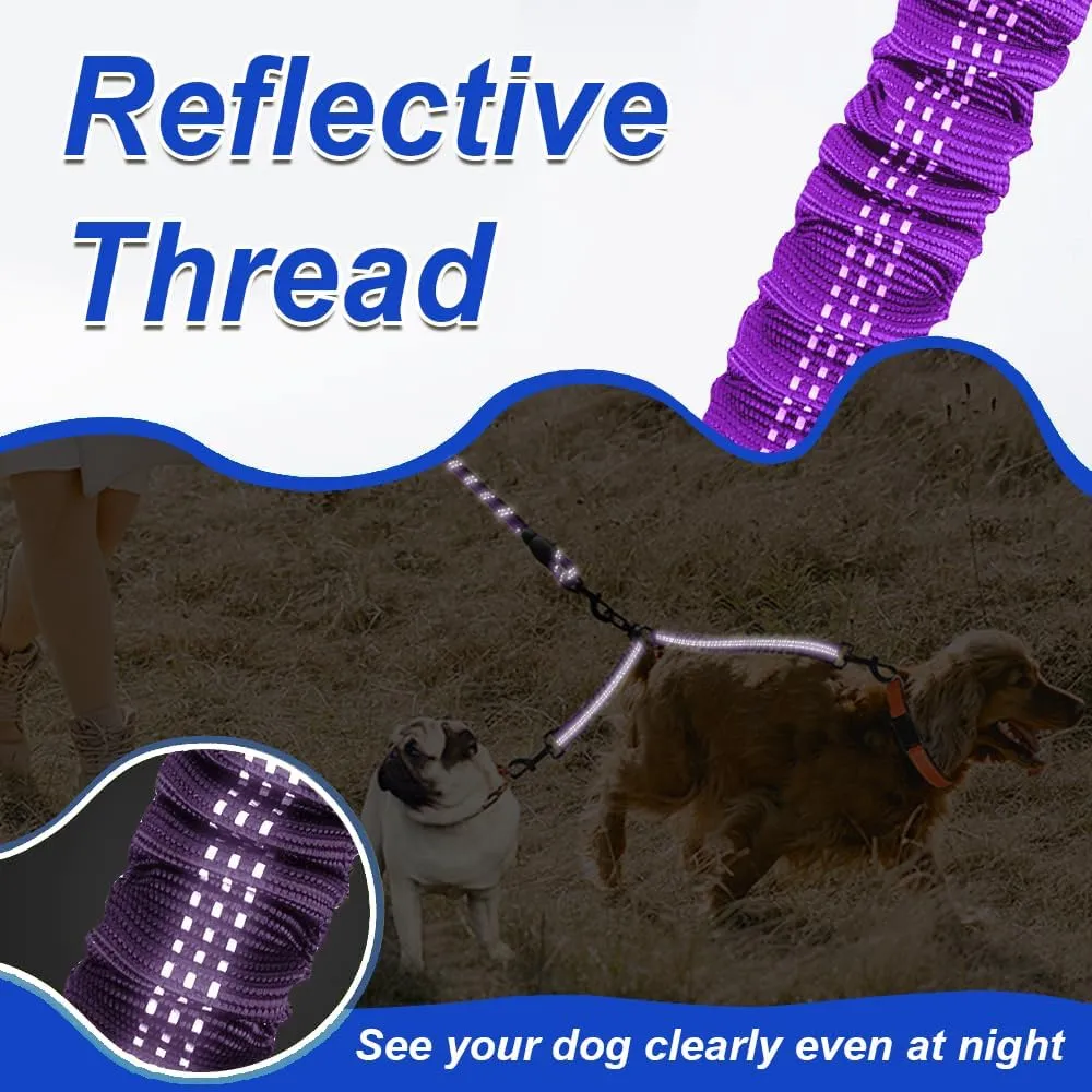 Double Dog Leash, Dual Dog Leash, 360 Swivel Tangle Free Bungee Walking Training for Large Medium Dogs, Shock Absorbing Bungee Reflective for Two Dogs, 18~120 lbs, Purple