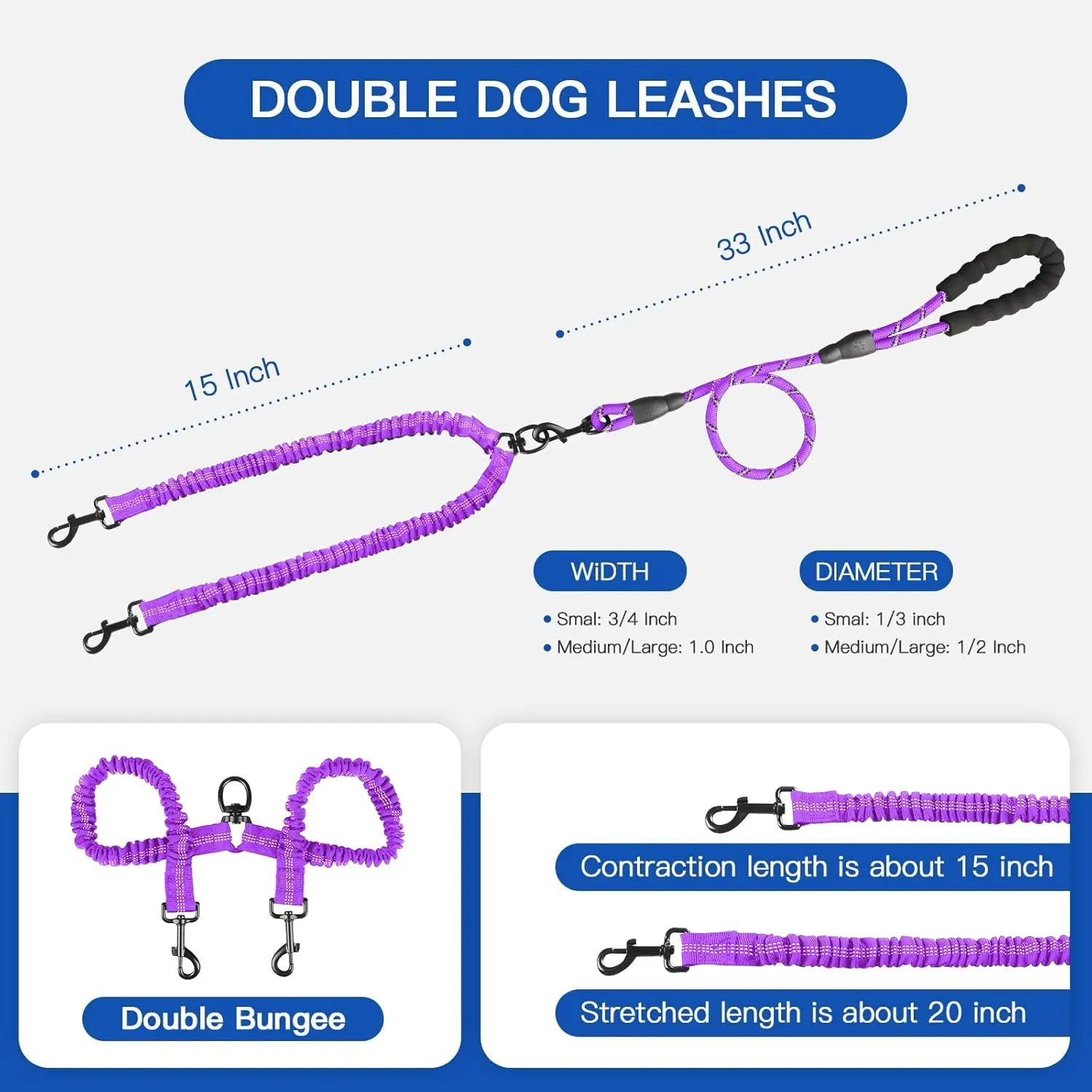 Double Dog Leash, Dual Dog Leash, 360 Swivel Tangle Free Bungee Walking Training for Large Medium Dogs, Shock Absorbing Bungee Reflective for Two Dogs, 18~120 lbs, Purple