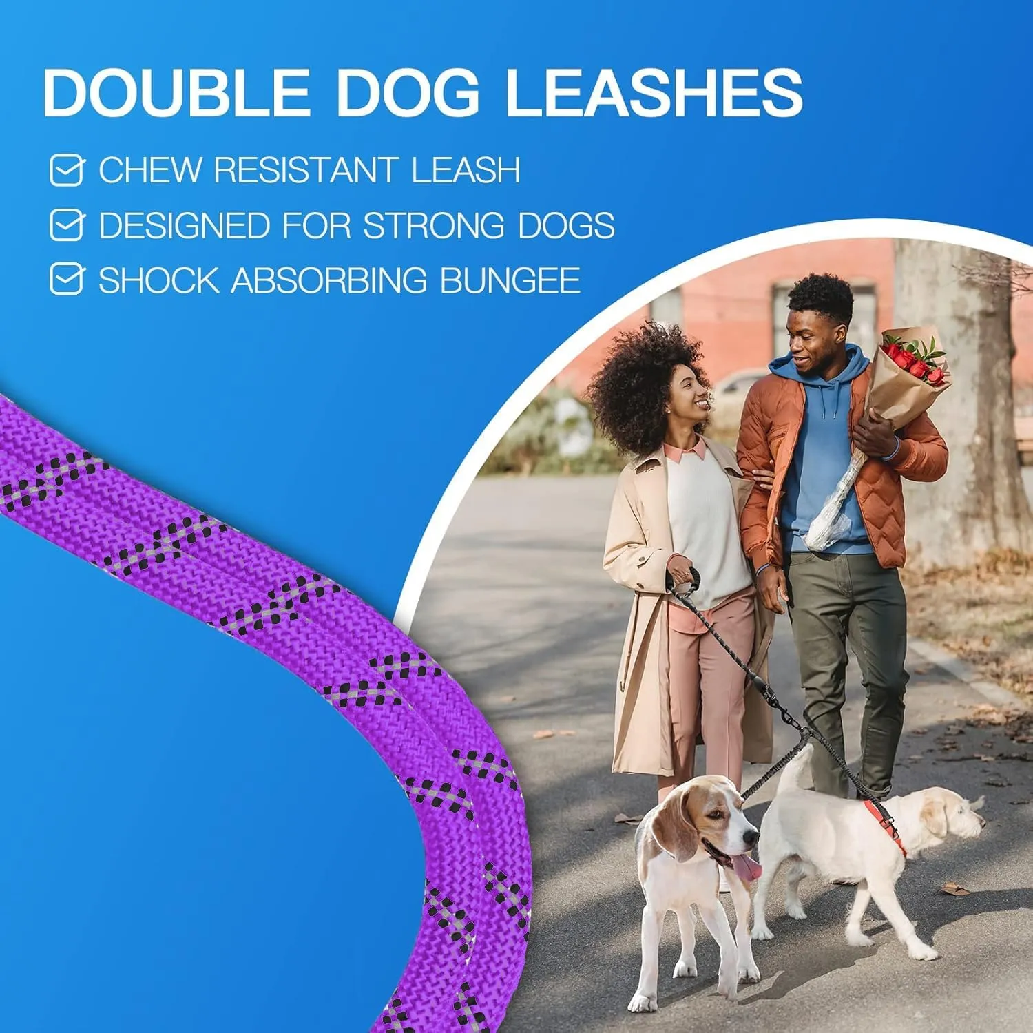 Double Dog Leash, Dual Dog Leash, 360 Swivel Tangle Free Bungee Walking Training for Large Medium Dogs, Shock Absorbing Bungee Reflective for Two Dogs, 18~120 lbs, Purple
