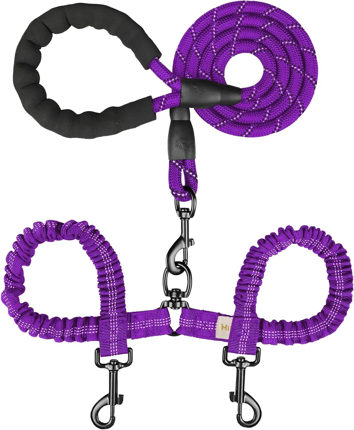 Double Dog Leash, Dual Dog Leash, 360 Swivel Tangle Free Bungee Walking Training for Large Medium Dogs, Shock Absorbing Bungee Reflective for Two Dogs, 18~120 lbs, Purple