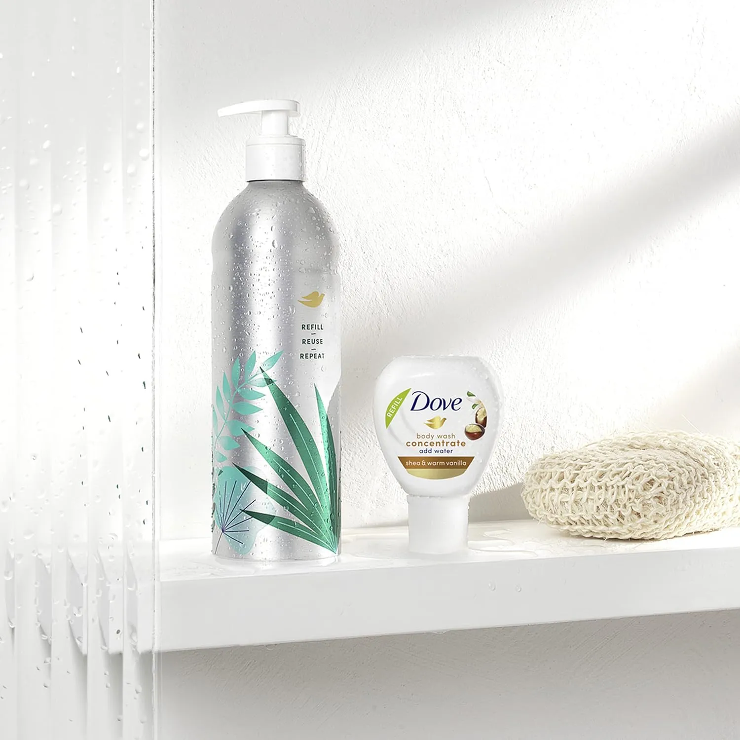 Dove Body Wash Aluminum Reusable Bottle and Concentrate Refill (2x) Starter Kit for Instantly Soft Skin Shea and Warm Vanilla for Skin Care and Lasting Nourishment 4oz (makes 16oz)