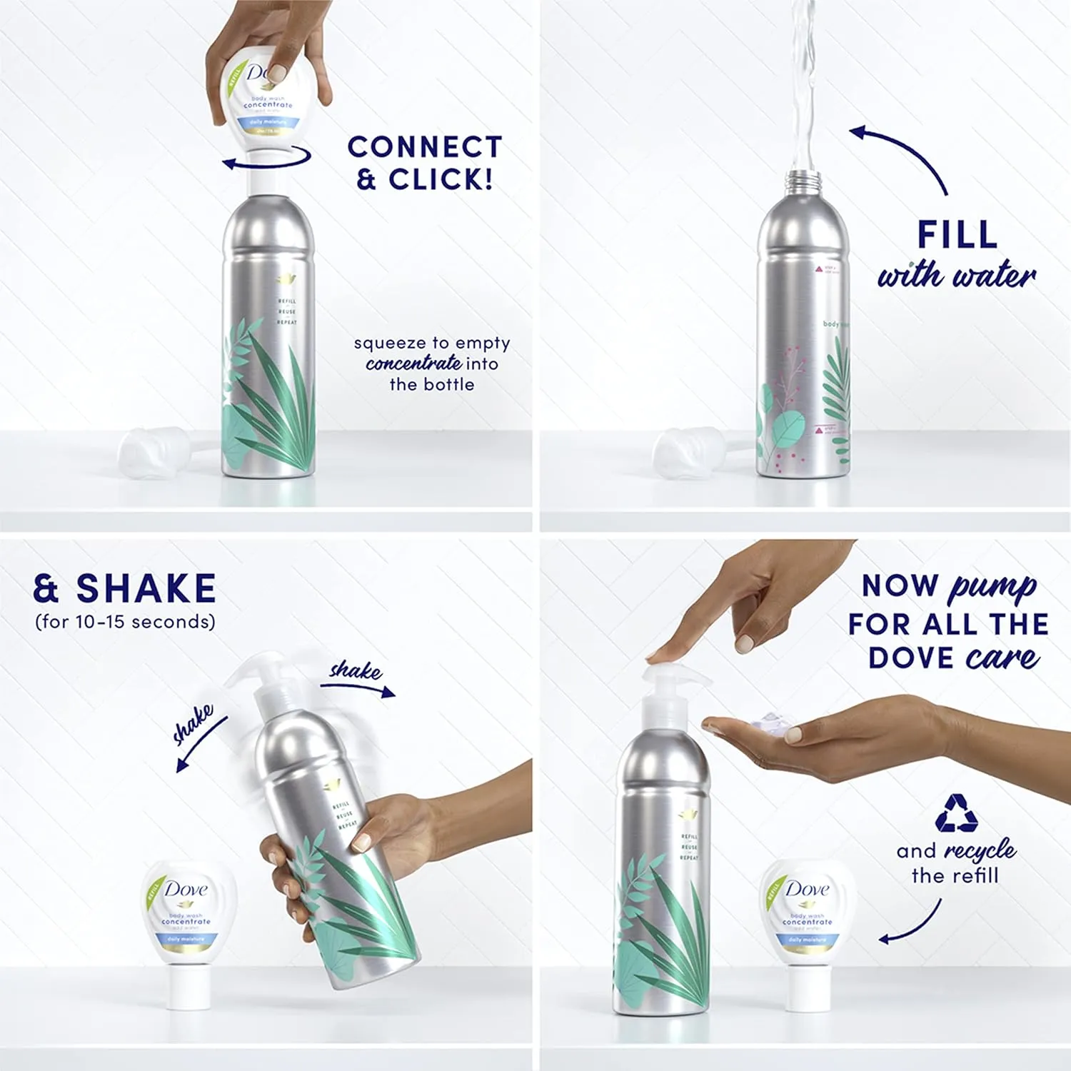Dove Body Wash Aluminum Reusable Bottle and Concentrate Refill (2x) Starter Kit for Instantly Soft Skin Shea and Warm Vanilla for Skin Care and Lasting Nourishment 4oz (makes 16oz)