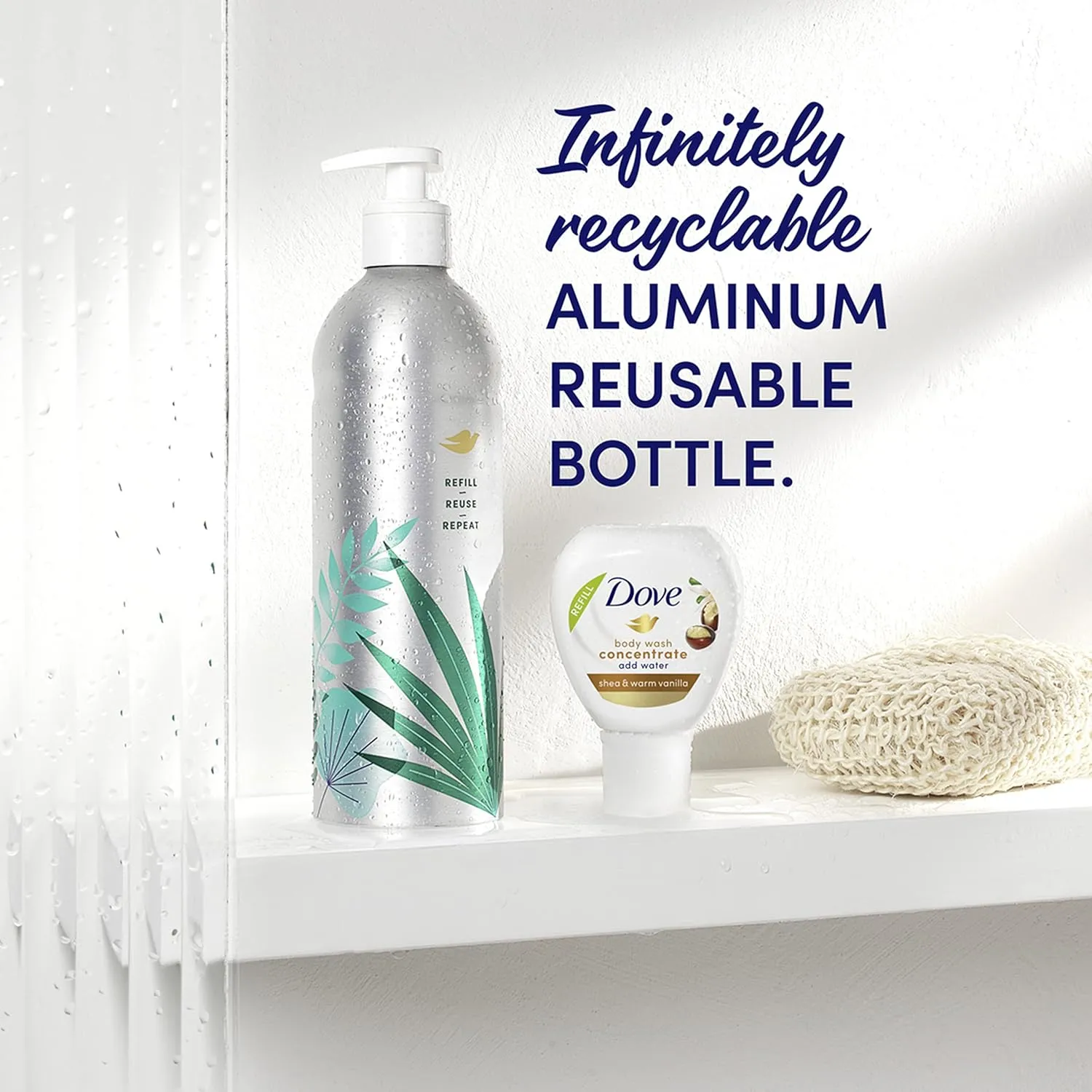 Dove Body Wash Aluminum Reusable Bottle and Concentrate Refill (2x) Starter Kit for Instantly Soft Skin Shea and Warm Vanilla for Skin Care and Lasting Nourishment 4oz (makes 16oz)