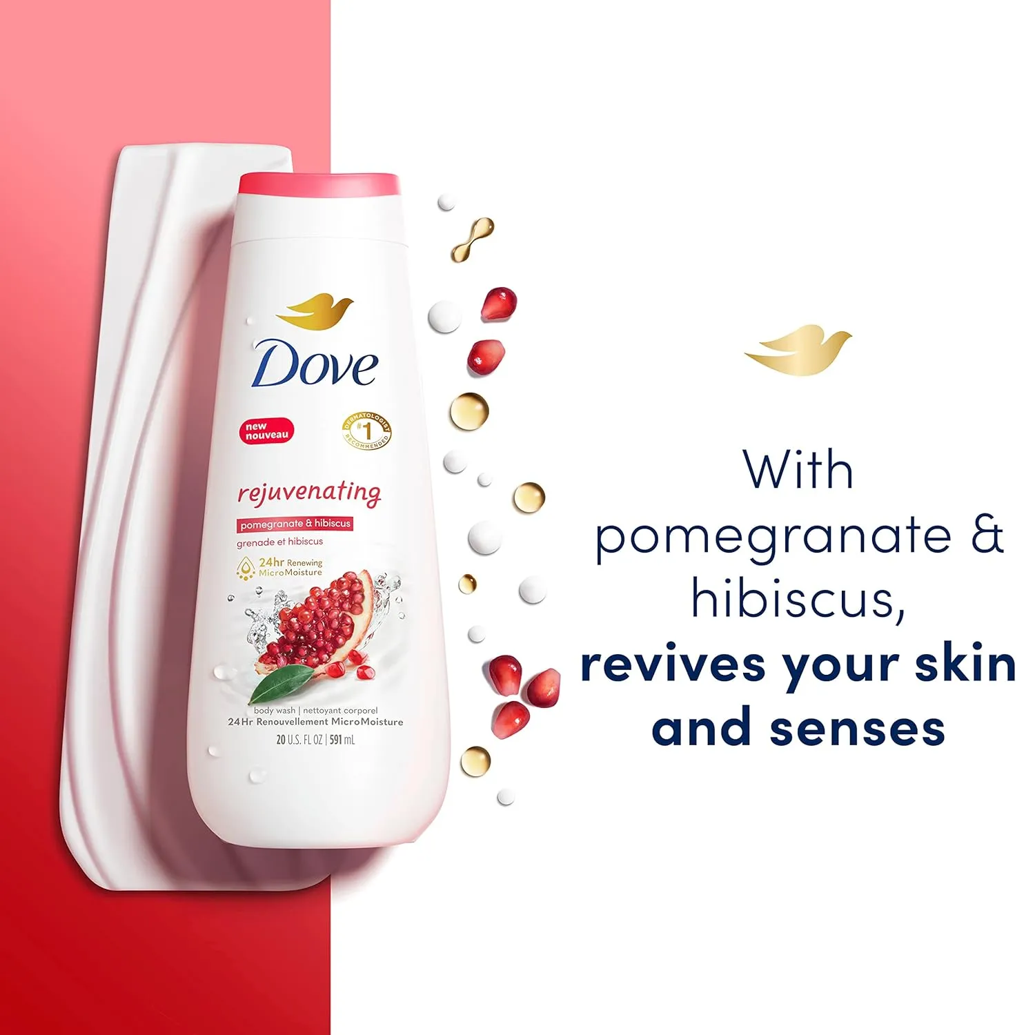 Dove Body Wash Rejuvenating Pomegranate & Hibiscus 4 Count for Renewed, Healthy-Looking Skin Gentle Skin Cleanser with 24hr Renewing MicroMoisture 20 oz