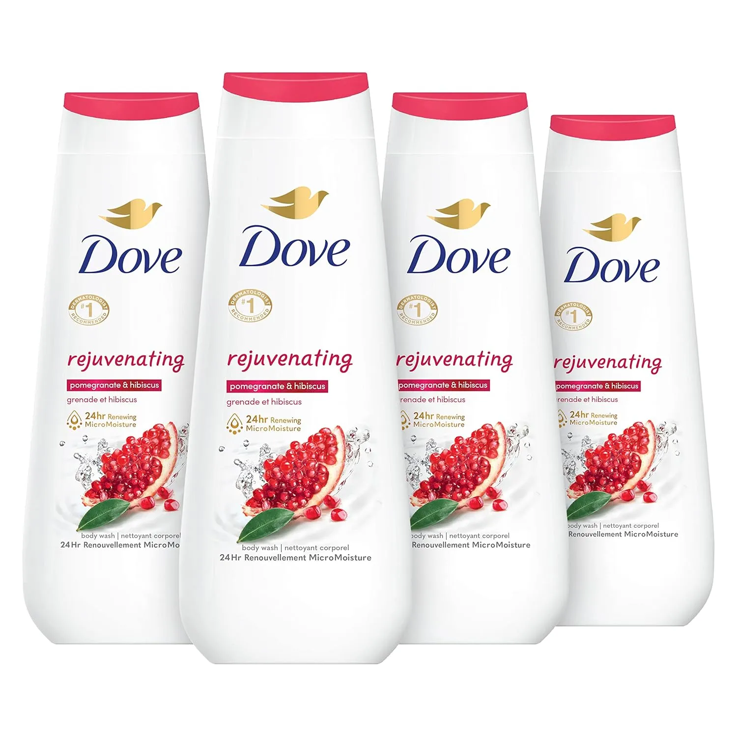 Dove Body Wash Rejuvenating Pomegranate & Hibiscus 4 Count for Renewed, Healthy-Looking Skin Gentle Skin Cleanser with 24hr Renewing MicroMoisture 20 oz