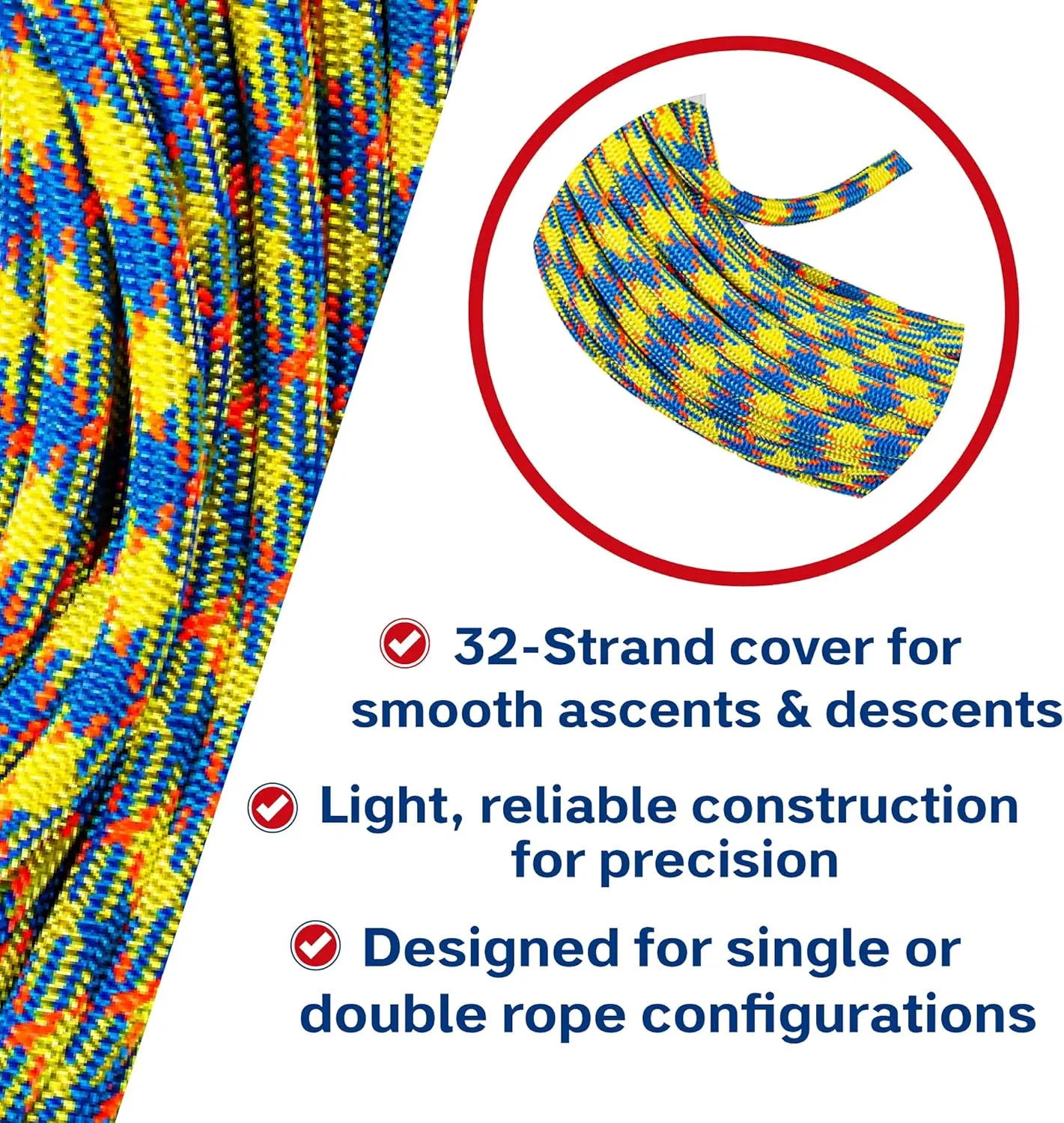 drenaLINE Climbing Rope – 32-Strand Polyester Arborist Rope (11.8mm x 200ft, BlueOrangeYellow)