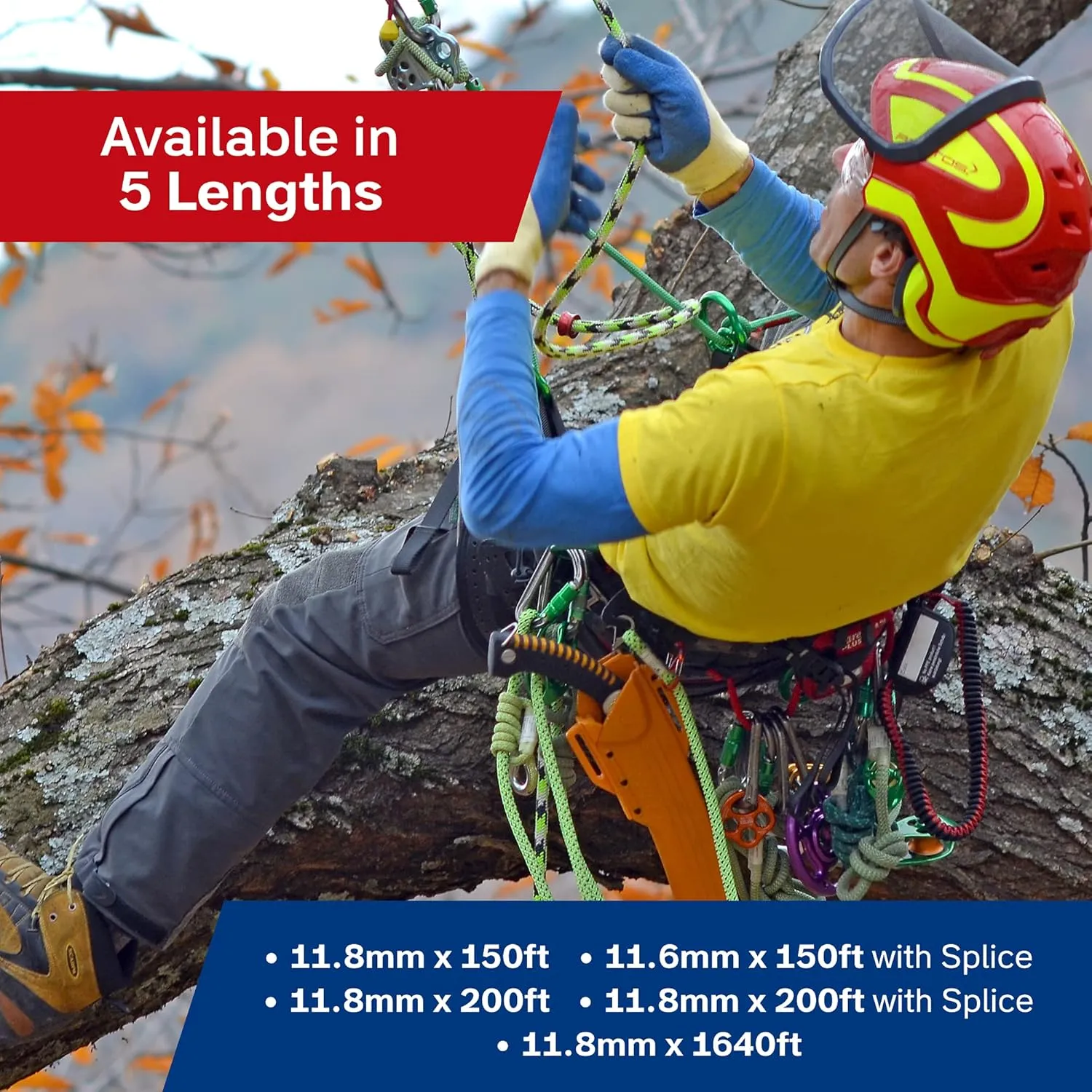 drenaLINE Climbing Rope – 32-Strand Polyester Arborist Rope (11.8mm x 200ft, BlueOrangeYellow)