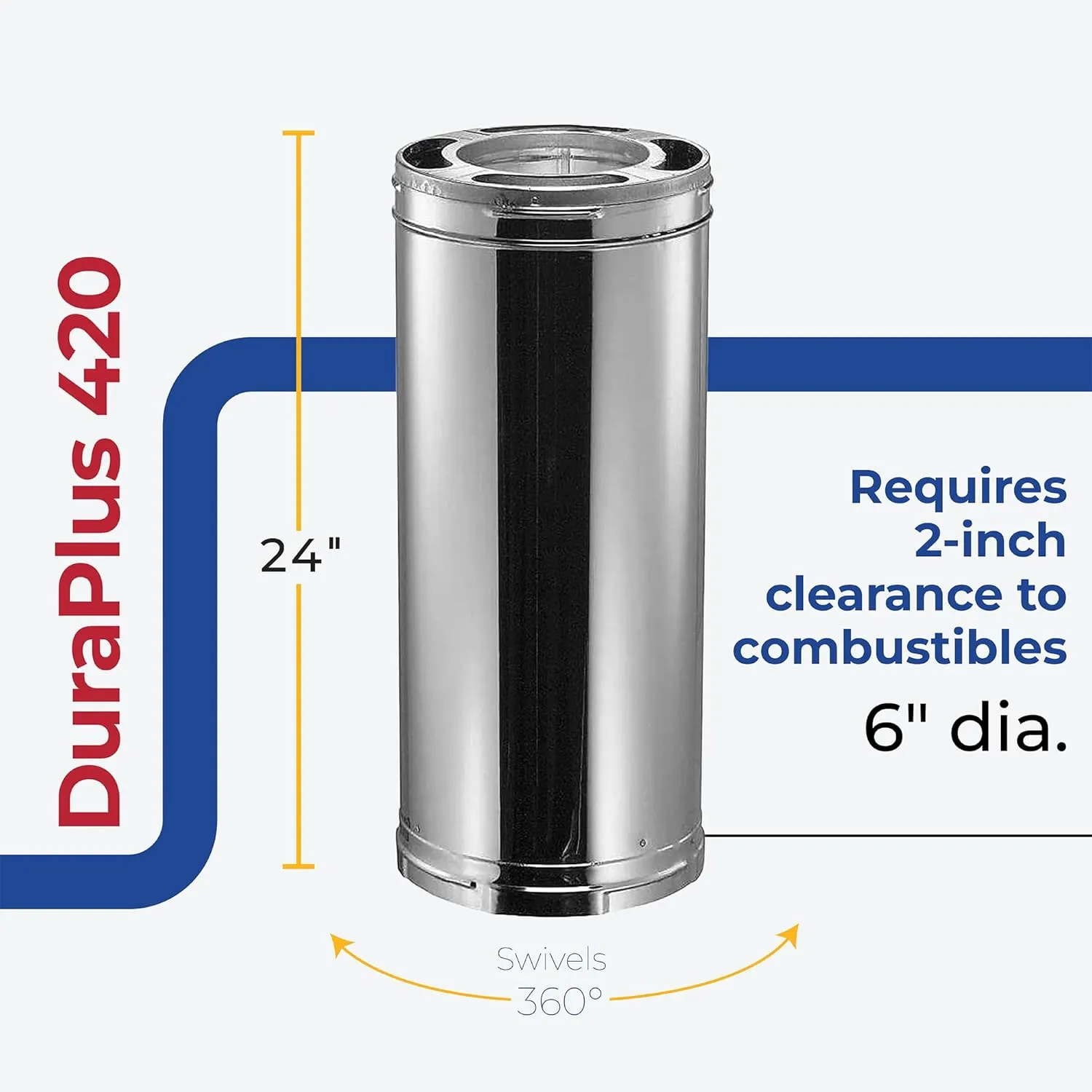 DuraVent DuraPlus 420 Stainless Steel Easy Installation Triple Wall Wood Burning Stove Pipe Connector to Vent Smoke and Exhaust, Silver