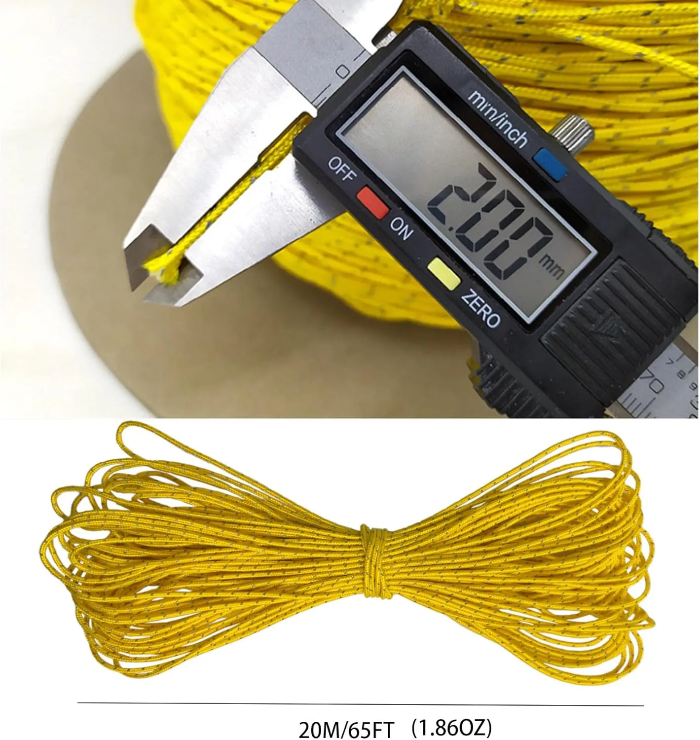 Dyneema Reflective Rope -2mm 400kg Fracture Strain - Suitable for Tents, Kite Surfing, and Other 65 feet (red, 2mm) (Yellow, 2mm)