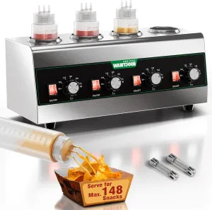 Electric Sauce Warmer Dispenser, Countertop Stainless Steel Sauce Heat Preservation Machine 640W Hot Fudge Nacho Cheese Ketchup Chocolate Warmer for Commercial with 650ml Squeeze Bottle*4