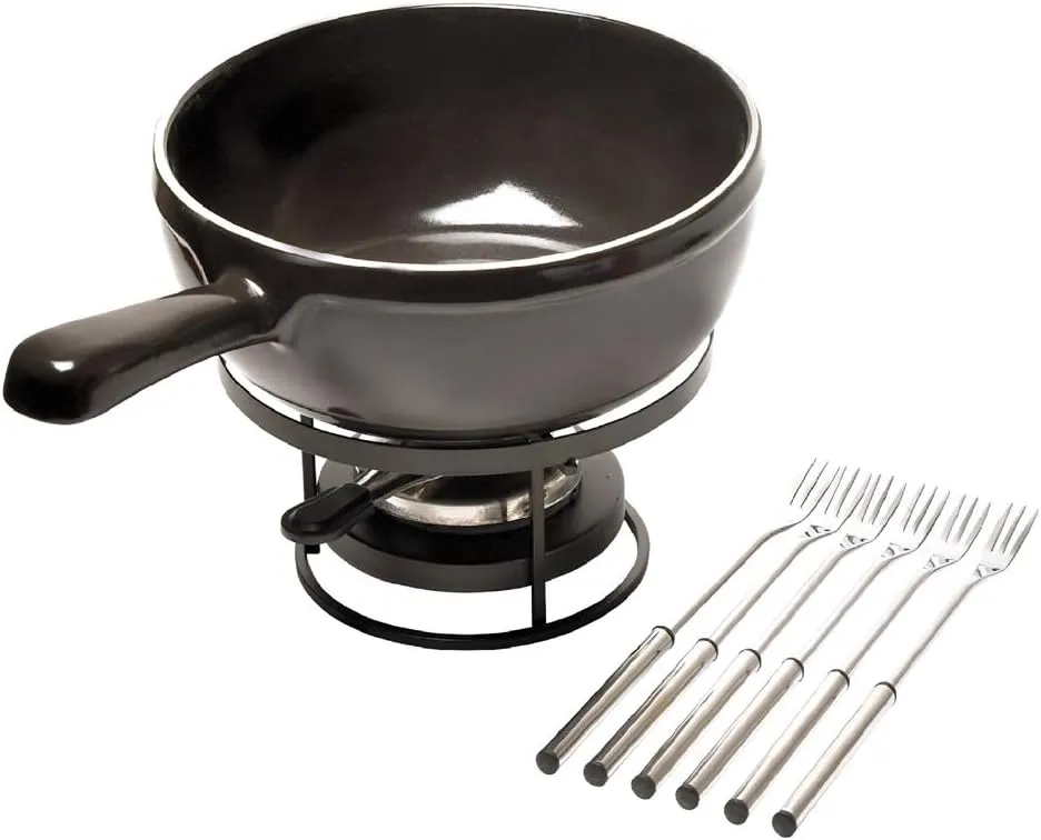 Emile Henry Made In France Flame Cheese Fondue Set, 2.6 quart, Charcoal