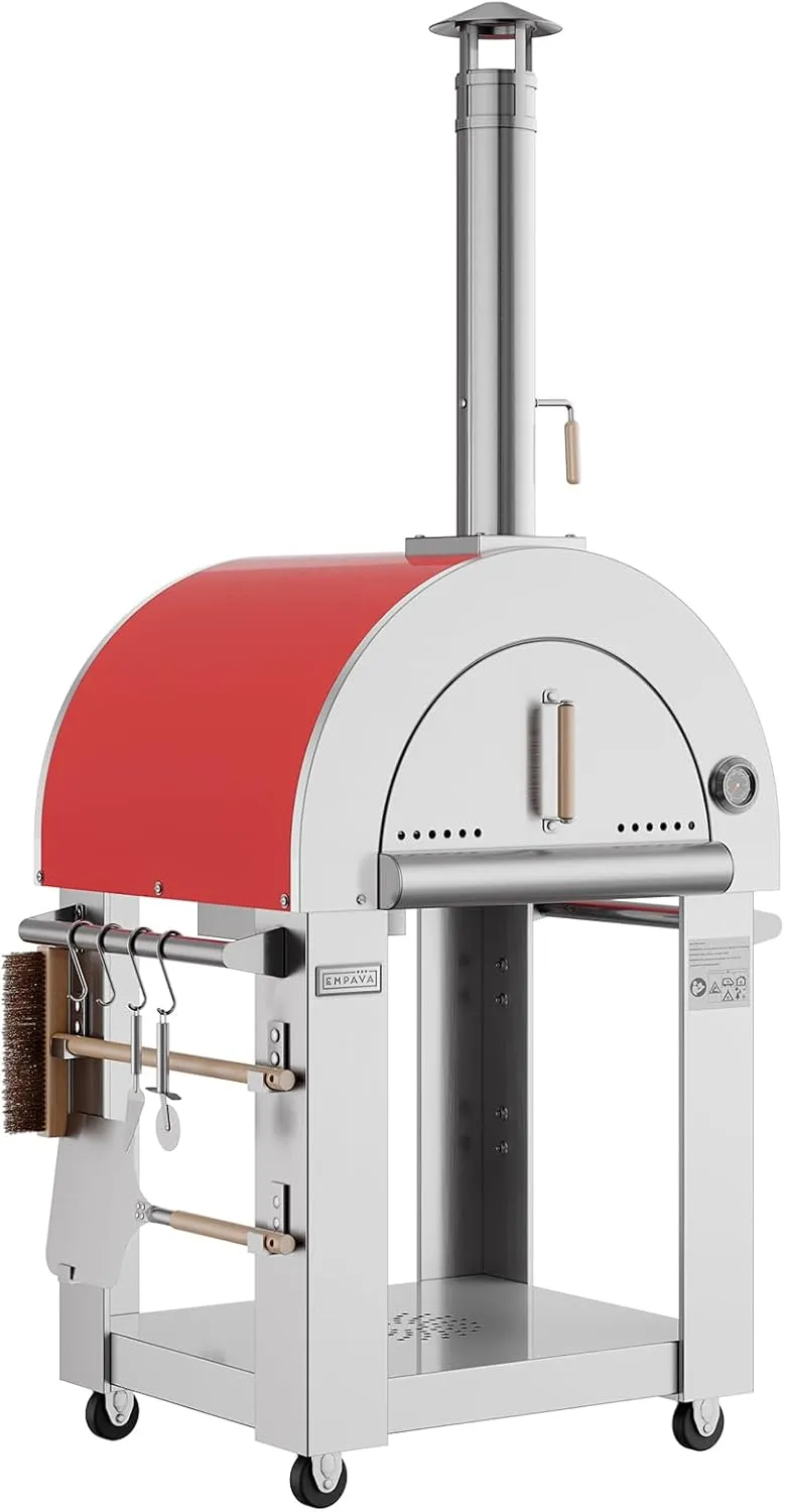 Empava Pizza Oven with Open Shelf and Wheels for Outdoor Kitchen, Wood Fire for Grill & Camping Backyard Party in Stainless Steel, 38.6 Inch, Italian Red