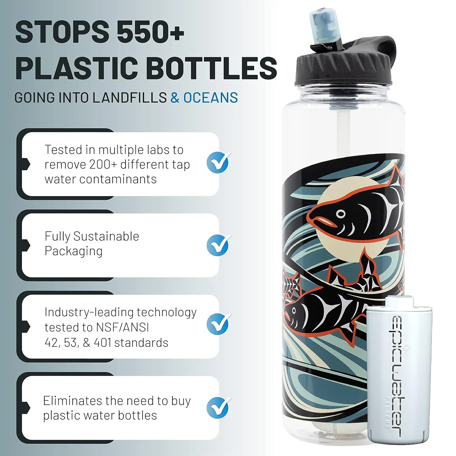 Epic Water Filters Nalgene OG Water Bottle with Filter, USA Made, BPA Free, Removes 99.99% Tap Water Contaminants, Forever Chemicals, LeClair Art, 48 oz