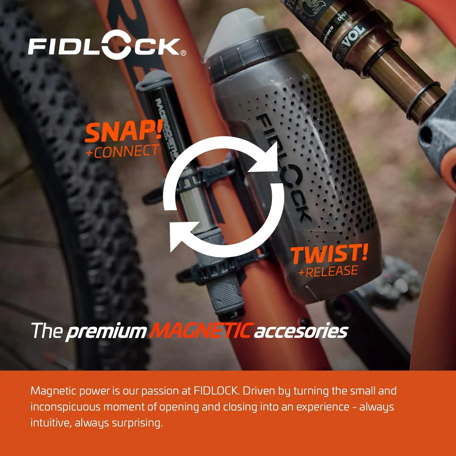 FIDLOCK Twist Bottle 590ml/20oz   Universal Base Set | New Leak-Proof, Self-Sealing Bottle Cap | Bike Water Bottle Holder with No Screws & Attached Bottle | Cage Free Magnetic Rack | Smoke
