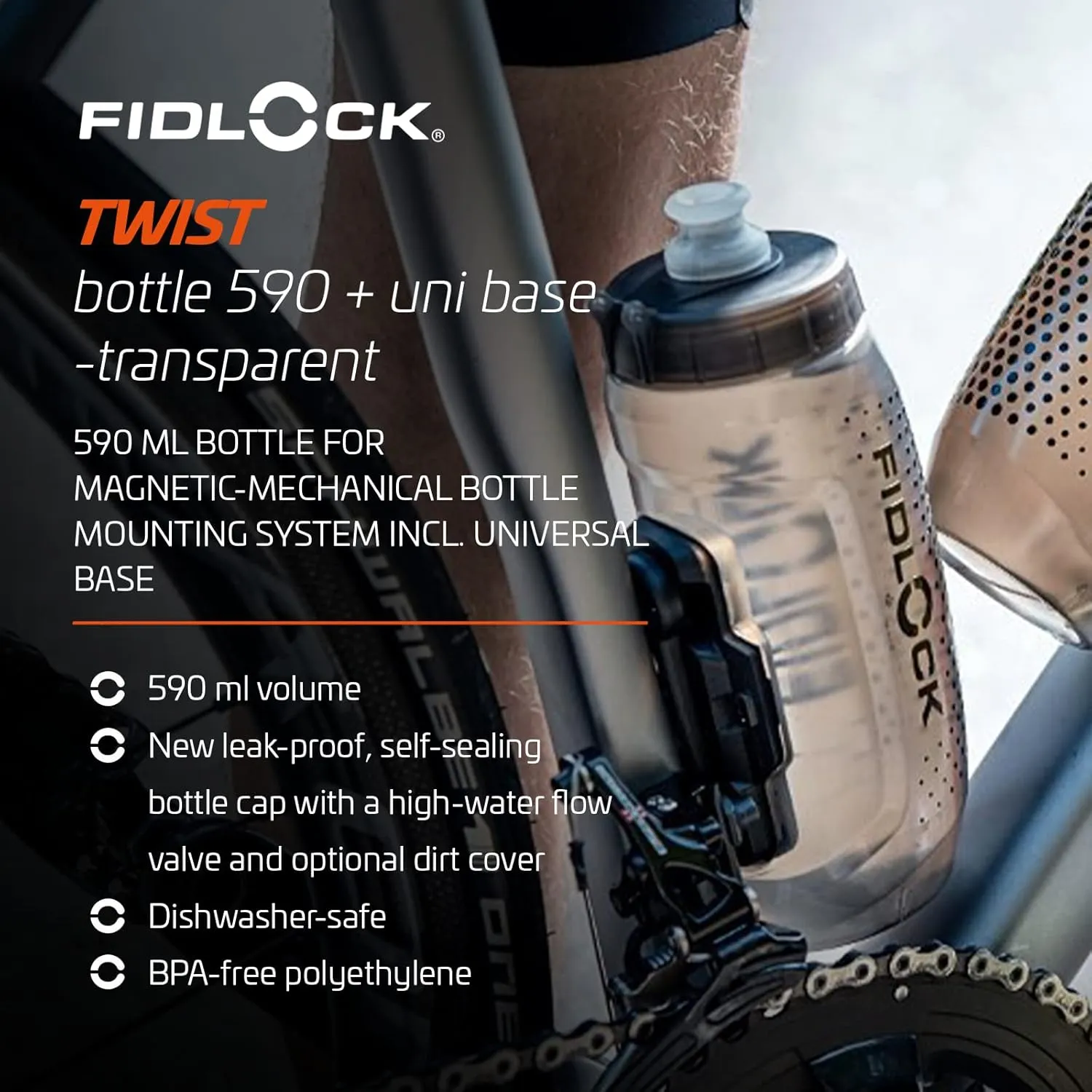 FIDLOCK Twist Bottle 590ml/20oz   Universal Base Set | New Leak-Proof, Self-Sealing Bottle Cap | Bike Water Bottle Holder with No Screws & Attached Bottle | Cage Free Magnetic Rack | Smoke