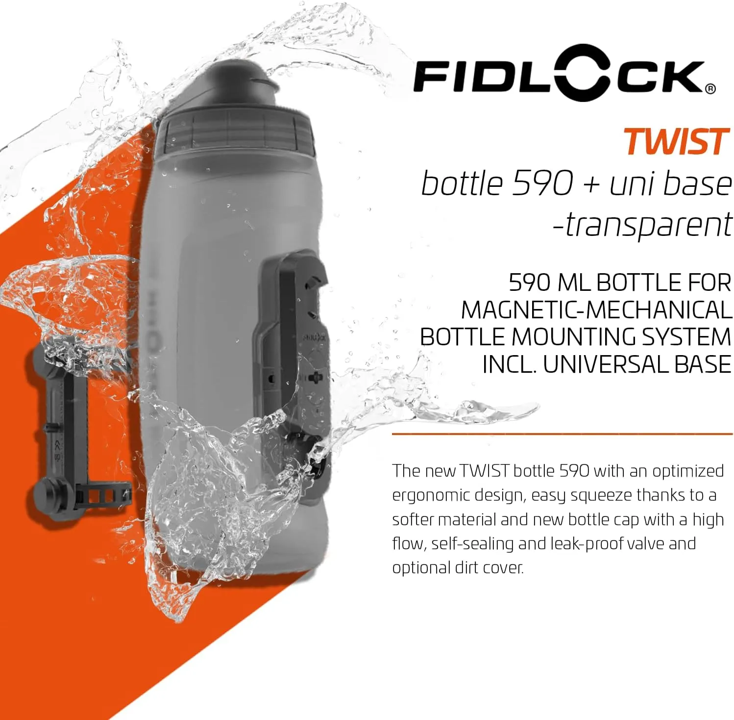 FIDLOCK Twist Bottle 590ml/20oz   Universal Base Set | New Leak-Proof, Self-Sealing Bottle Cap | Bike Water Bottle Holder with No Screws & Attached Bottle | Cage Free Magnetic Rack | Smoke