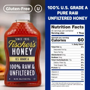 Fischer’s 100% Pure, Raw & Unfiltered Honey, 40 oz – USA Made Honey – All-Natural Sweetener – Rich Flavor Profile, Packed with Nutrients (Pack of 2)