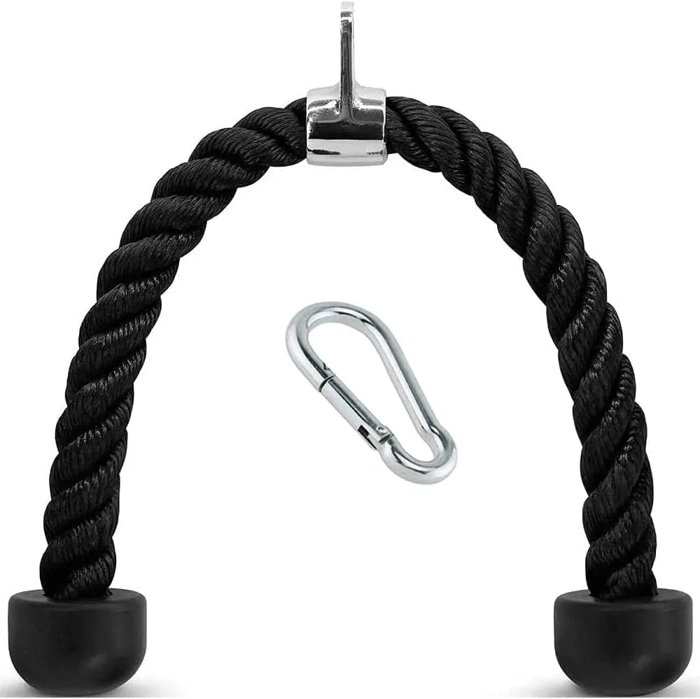FITNESS MANIAC USA Deluxe Tricep Rope Cable Attachment 27 inch Black Color Exercise Machine Attachments Pulley System Gym Pull Down 27-Inch for Workouts with Carabiner