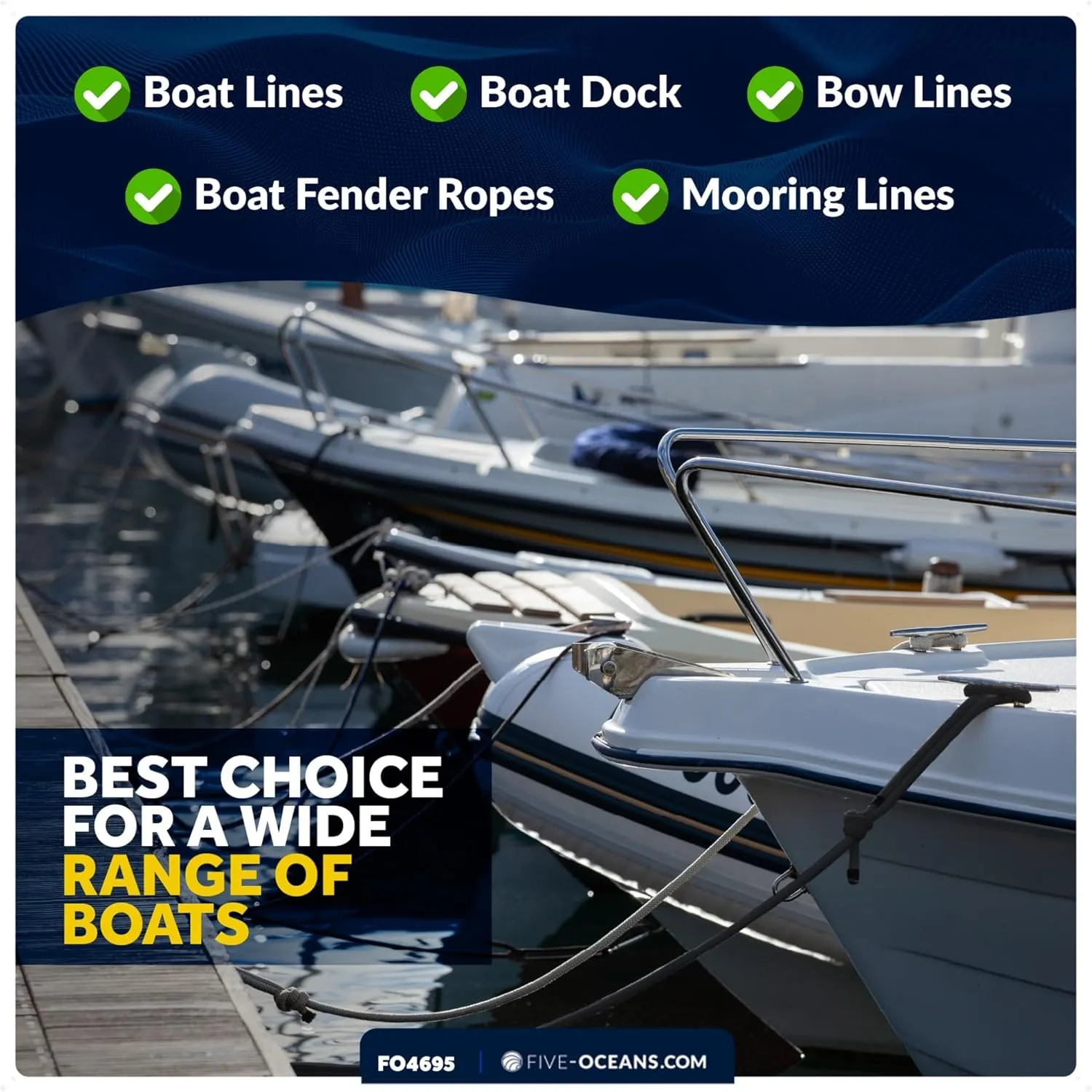 Five Oceans 4-Pack 3/8" x 15' Boat Dock Lines, Navy Blue Double Braided Nylon, Marine-Grade, 12" Eyelet, 1-Year Warranty - FO4695