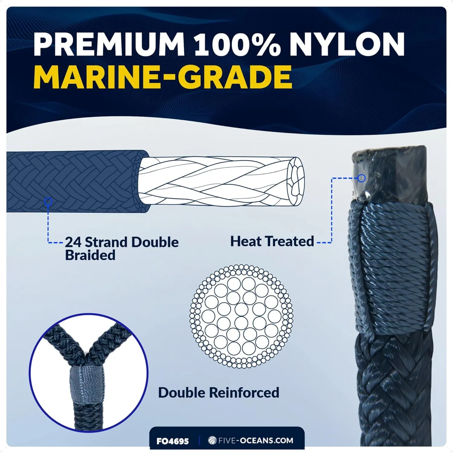 Five Oceans 4-Pack 3/8" x 15' Boat Dock Lines, Navy Blue Double Braided Nylon, Marine-Grade, 12" Eyelet, 1-Year Warranty - FO4695