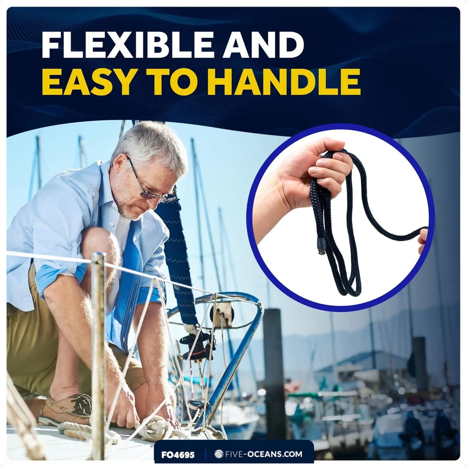 Five Oceans 4-Pack 3/8" x 15' Boat Dock Lines, Navy Blue Double Braided Nylon, Marine-Grade, 12" Eyelet, 1-Year Warranty - FO4695
