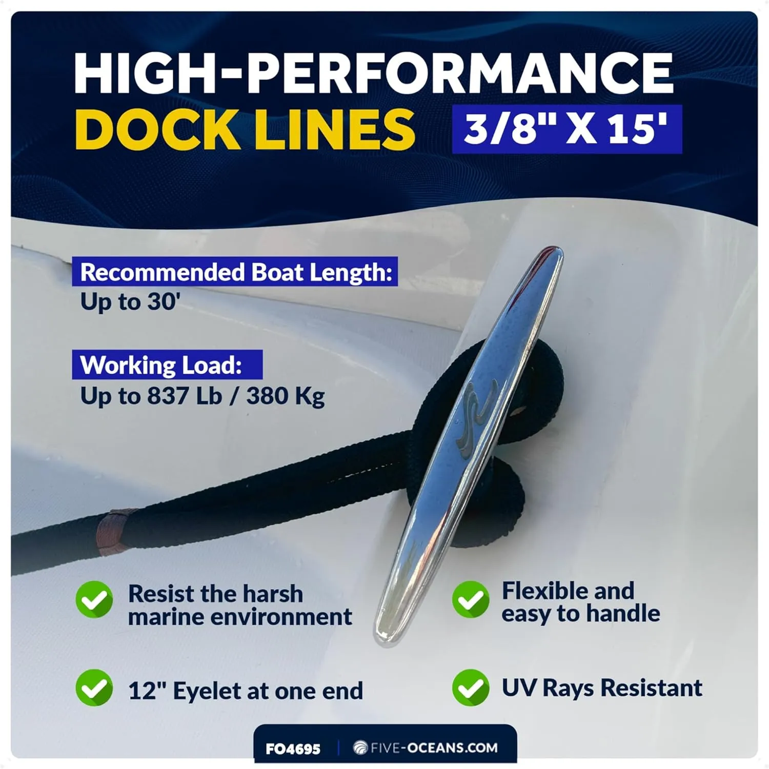 Five Oceans 4-Pack 3/8" x 15' Boat Dock Lines, Navy Blue Double Braided Nylon, Marine-Grade, 12" Eyelet, 1-Year Warranty - FO4695