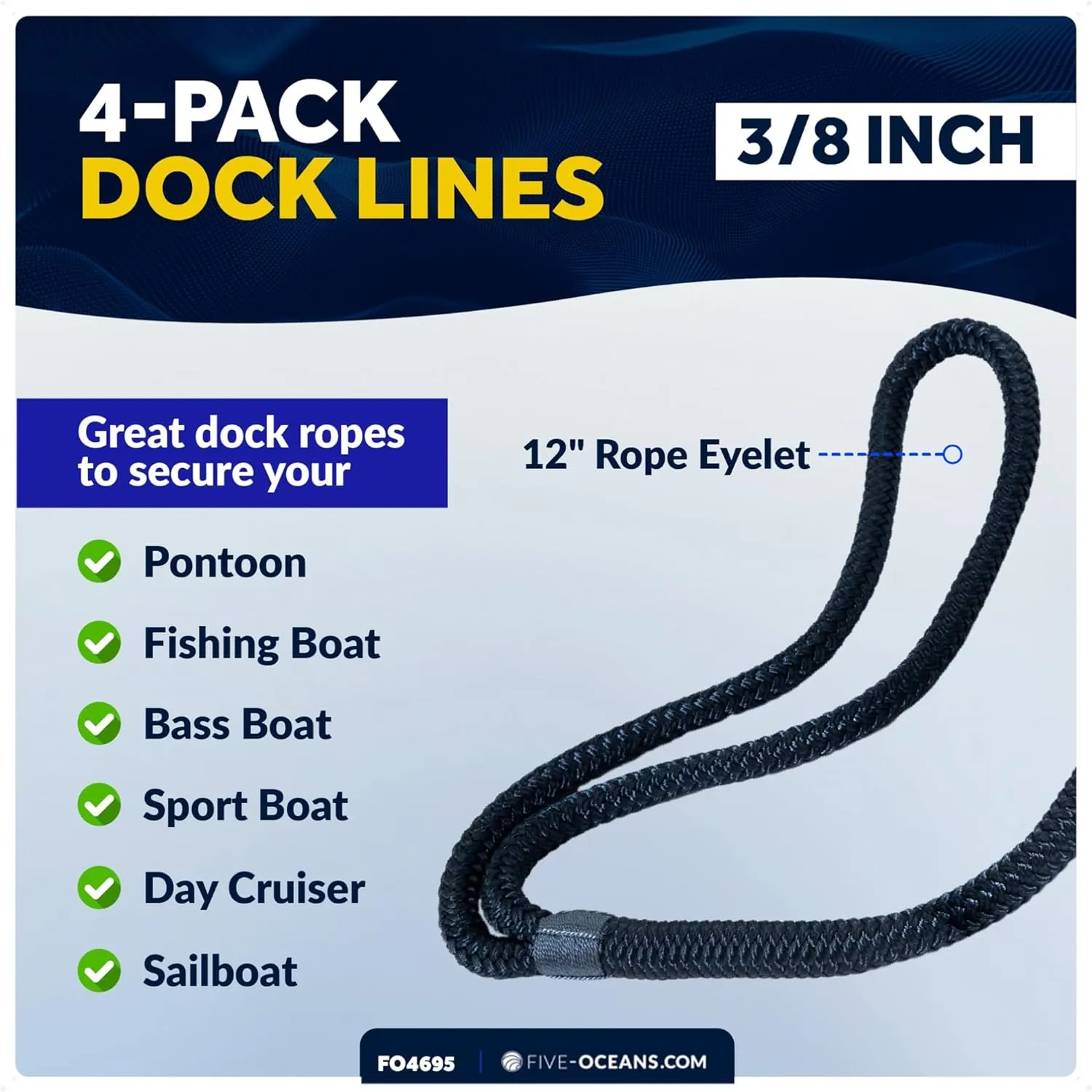 Five Oceans 4-Pack 3/8" x 15' Boat Dock Lines, Navy Blue Double Braided Nylon, Marine-Grade, 12" Eyelet, 1-Year Warranty - FO4695