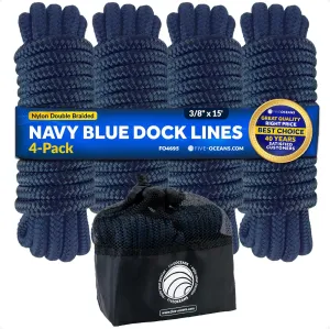 Five Oceans 4-Pack 3/8" x 15' Boat Dock Lines, Navy Blue Double Braided Nylon, Marine-Grade, 12" Eyelet, 1-Year Warranty - FO4695