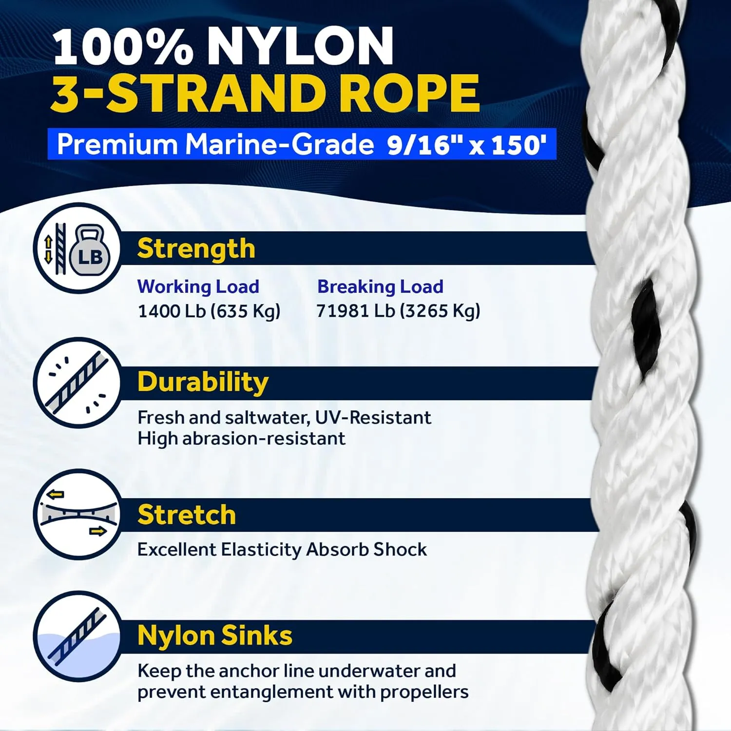 Five Oceans Anchor Line 9/16" x 150', Anchor Rope Line, Marine Premium 3-Strand White Nylon Boat Anchor Rope - Stainless Steel Thimble and Shackle, Ideal for Mooring Anchoring Towing - FO4487-C150
