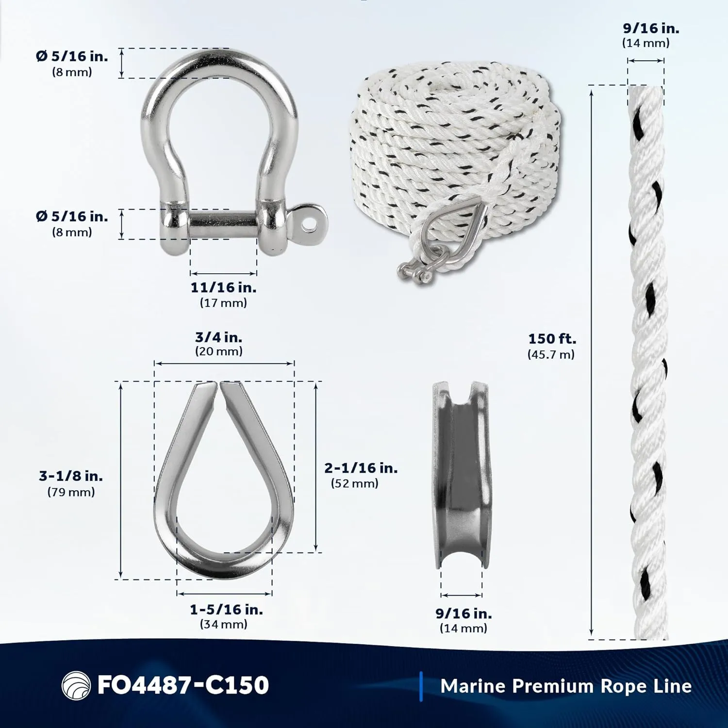 Five Oceans Anchor Line 9/16" x 150', Anchor Rope Line, Marine Premium 3-Strand White Nylon Boat Anchor Rope - Stainless Steel Thimble and Shackle, Ideal for Mooring Anchoring Towing - FO4487-C150