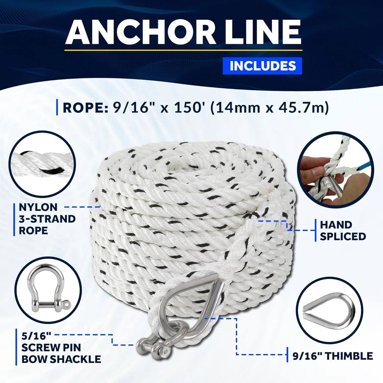 Five Oceans Anchor Line 9/16" x 150', Anchor Rope Line, Marine Premium 3-Strand White Nylon Boat Anchor Rope - Stainless Steel Thimble and Shackle, Ideal for Mooring Anchoring Towing - FO4487-C150