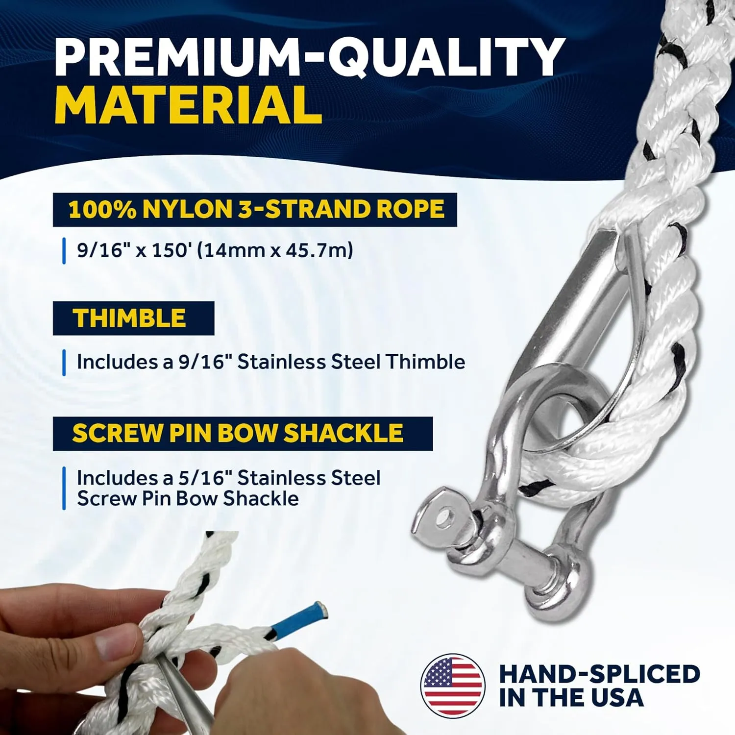 Five Oceans Anchor Line 9/16" x 150', Anchor Rope Line, Marine Premium 3-Strand White Nylon Boat Anchor Rope - Stainless Steel Thimble and Shackle, Ideal for Mooring Anchoring Towing - FO4487-C150