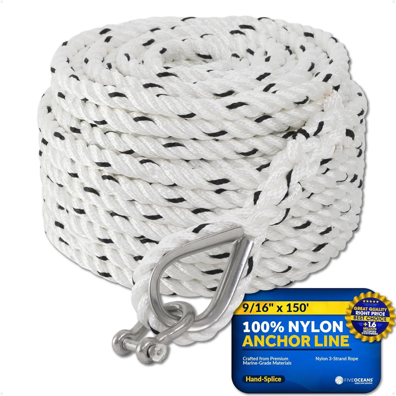 Five Oceans Anchor Line 9/16" x 150', Anchor Rope Line, Marine Premium 3-Strand White Nylon Boat Anchor Rope - Stainless Steel Thimble and Shackle, Ideal for Mooring Anchoring Towing - FO4487-C150