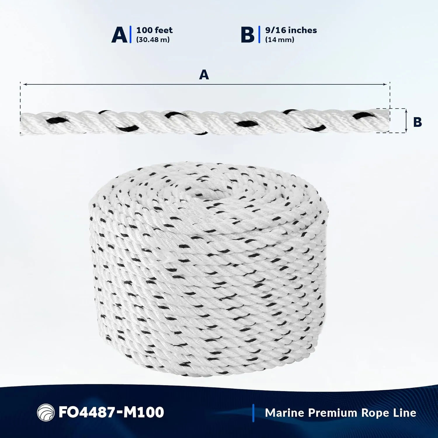 Five Oceans Boat Anchor Rope 9/16 inch x 100 ft - Marine Premium 3-Strand White Nylon - Ideal for Mooring Anchoring Windlasses Towing - FO4487-M100