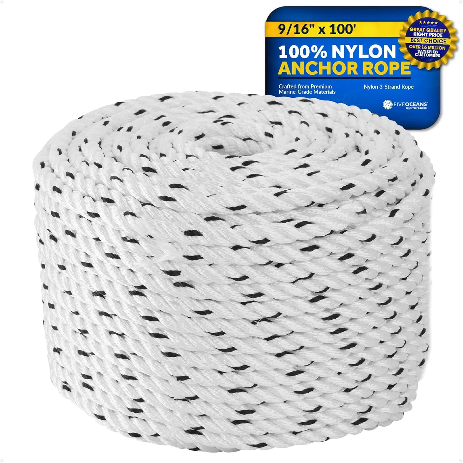 Five Oceans Boat Anchor Rope 9/16 inch x 100 ft - Marine Premium 3-Strand White Nylon - Ideal for Mooring Anchoring Windlasses Towing - FO4487-M100