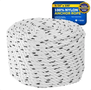 Five Oceans Boat Anchor Rope 9/16 inch x 100 ft - Marine Premium 3-Strand White Nylon - Ideal for Mooring Anchoring Windlasses Towing - FO4487-M100