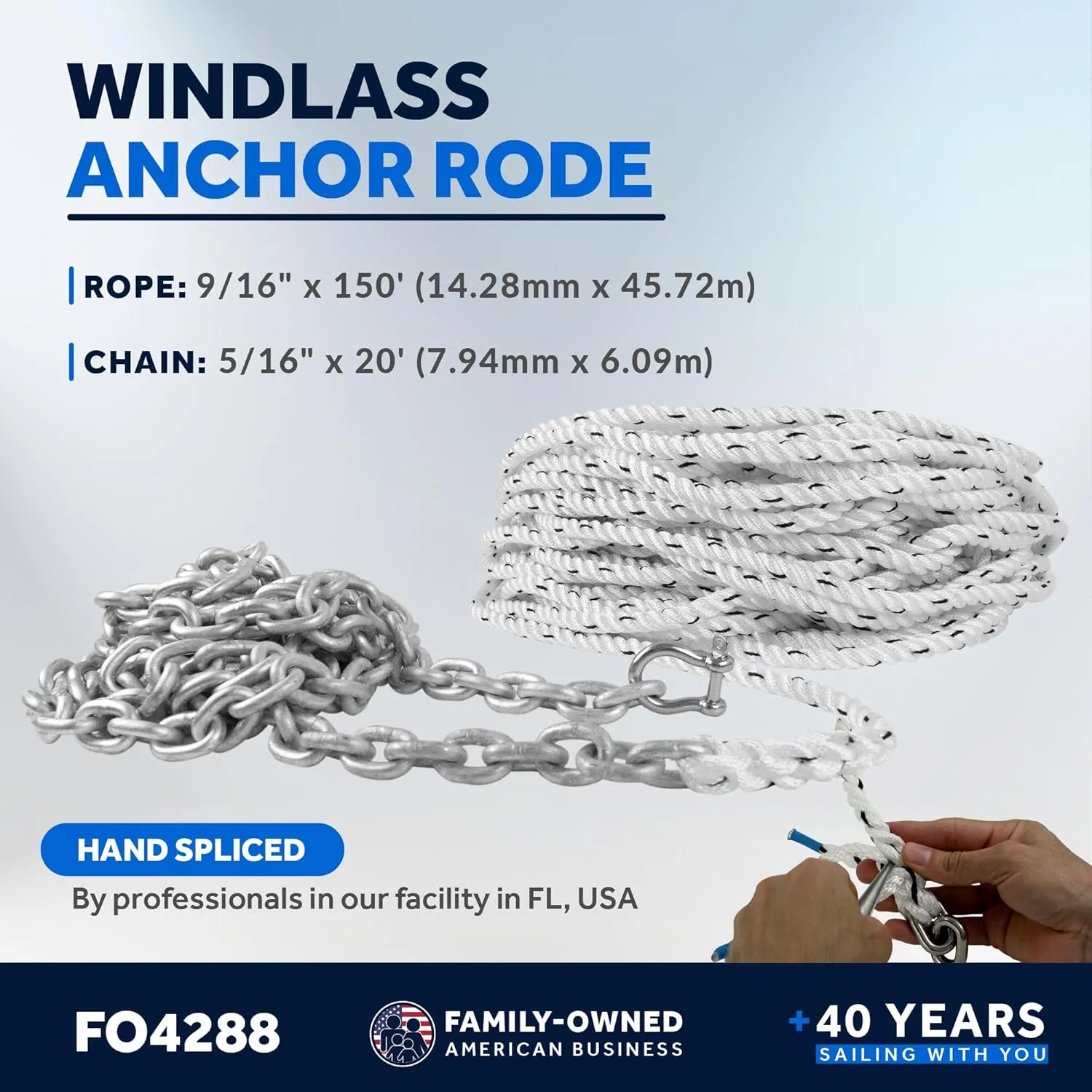 Five Oceans Windlass Anchor Rode, Hand-Spliced Anchor Rope and Chain Combination Kit, Nylon 3-Strand Rope, HT G4 Hot-Dipped Galvanized Steel Chain for Boat Anchor Systems - Multiple Sizes