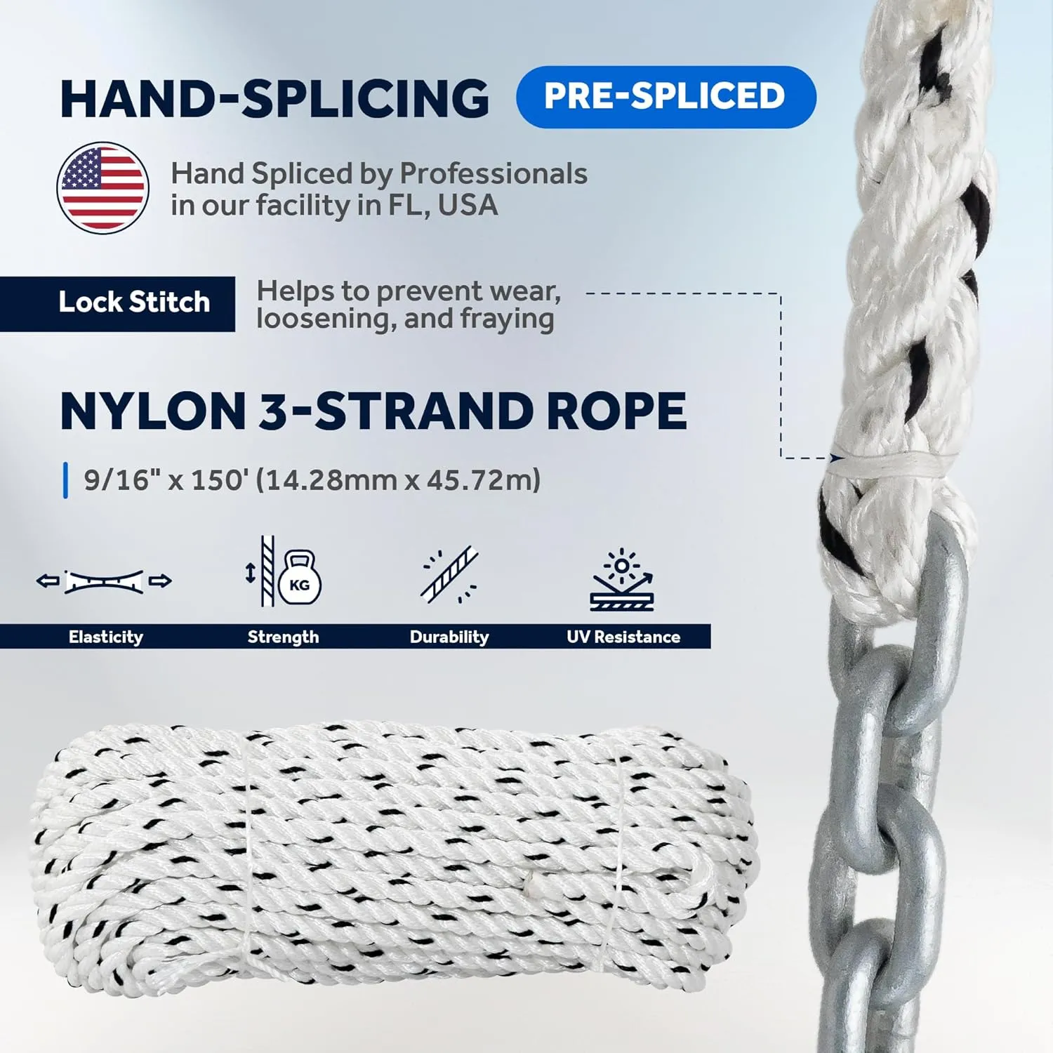 Five Oceans Windlass Anchor Rode, Hand-Spliced Anchor Rope and Chain Combination Kit, Nylon 3-Strand Rope, HT G4 Hot-Dipped Galvanized Steel Chain for Boat Anchor Systems - Multiple Sizes