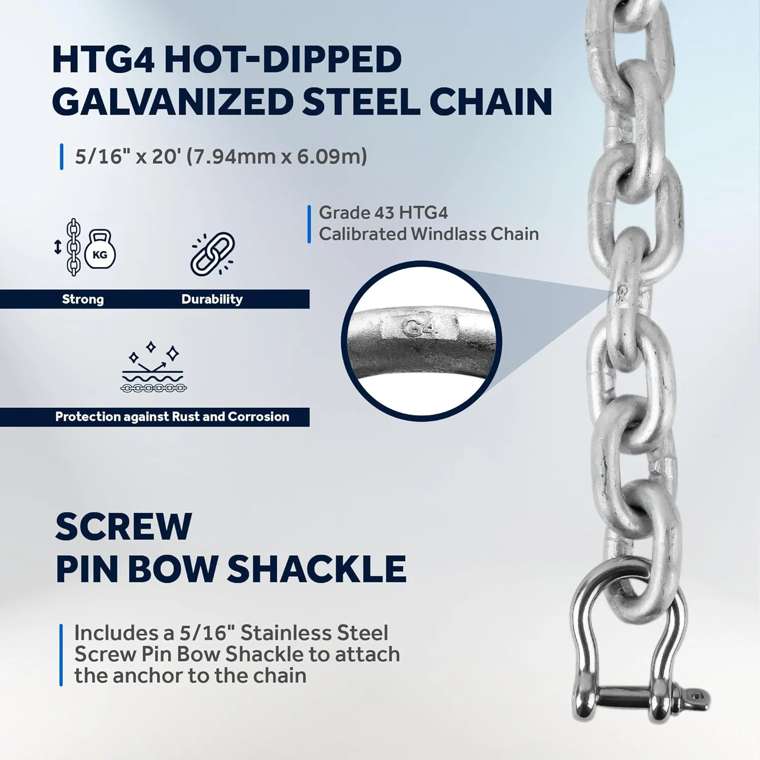 Five Oceans Windlass Anchor Rode, Hand-Spliced Anchor Rope and Chain Combination Kit, Nylon 3-Strand Rope, HT G4 Hot-Dipped Galvanized Steel Chain for Boat Anchor Systems - Multiple Sizes