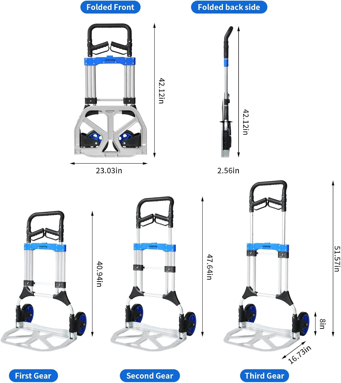 Folding Hand Trucks Heavy Duty by Leeyoung,500 lb Aluminium Folding Hand Cart Dolly with 8 inch Wheels (incl 2 Bungee Cords)